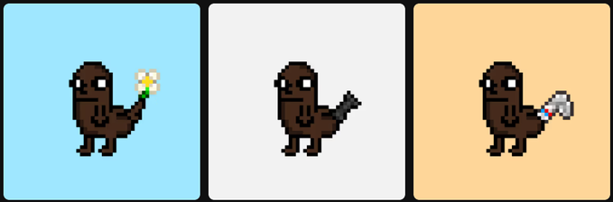 Three pixel-art bird characters on blue, white, and orange backgrounds, each holding an item: a yellow flower, a dark object, and a small white bottle.