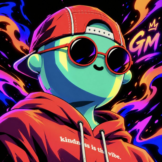 A cartoon character wearing a red cap, sunglasses, and a red 'kindness is the vibe' hoodie stands against a colorful fiery background with 'GM' text.