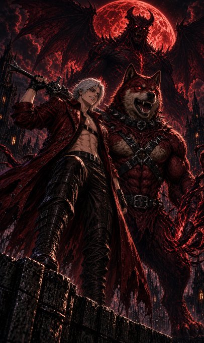 Dark fantasy artwork featuring a white-haired warrior with a sword standing alongside a muscular anthropomorphic wolf, with a demonic winged figure looming behind them against a blood-red moon.