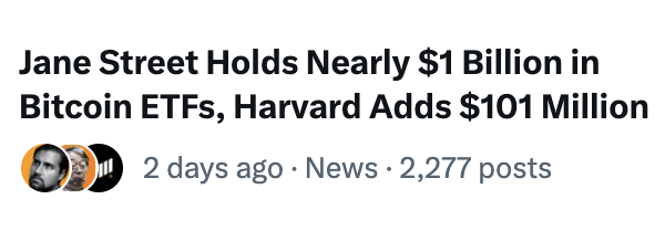 A headline reads "Jane Street Holds Nearly $1 Billion in Bitcoin ETFs, Harvard Adds $101 Million," highlighting institutional investors accumulating BTC while retail traders hesitate, suggesting the post's mockery of "geniuses" sidelined during institutional buying activity.