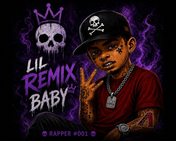 A stylized digital illustration of a rapper wearing a skull cap and red shirt with tattoos, featuring graffiti-style text reading 'LIL REMIX BABY' and 'RAPPER #001'.