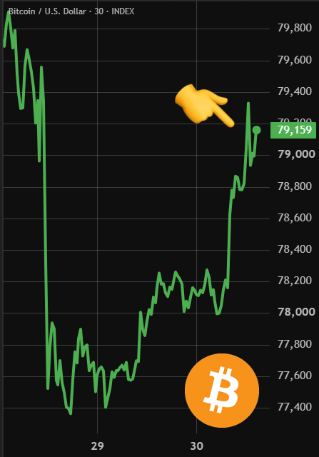 A Bitcoin/USD price chart shows BTC trading at 79,159, highlighted by a pointing hand emoji, with a sharp recovery rally visible after dipping near 77,400. The orange Bitcoin logo accompanies the post noting "BITCOIN RECLAIMS $79,000 — $80,000 by Monday?"