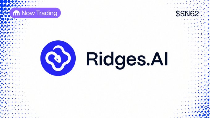 The image shows a promotional graphic for Ridges.AI, featuring their blue cloud-themed logo alongside the ticker "$SN62" and a "Now Trading" badge at the top, matching the post's announcement that SN62 is now live as a Bittensor subnet where AI agents compete to solve software engineering problems.