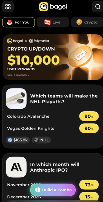 A mobile prediction-app home screen branded “bagel” shows tabs “For You,” “Live,” and “Crypto,” plus a “CRYPTO UP/DOWN $10,000 USDT REWARDS” banner and NHL playoff and Anthropic IPO prediction cards.