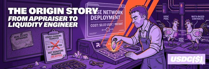 The image features a cartoon man sitting at a computer, working on a project related to smart contracts or blockchain technology. The text "The Origin Story" suggests that this story has its roots in an early adopter who was fascinated by the potential of smart contracts and decided to pursue it as a career.