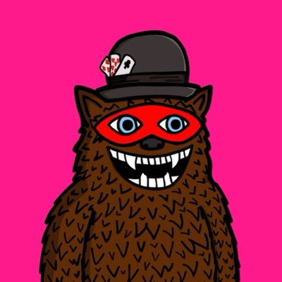 A smiling brown bear character wearing a black top hat with playing cards tucked into the band, and a red domino mask, depicted against a bright pink background—illustrating the "poker playing" Fuzzybear NFT referenced in the post, which sold for 30,000 XRP tokens.