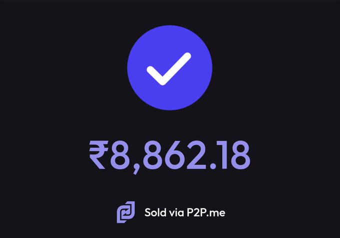 A dark interface showing a successful transaction of ₹8,862.18 sold via P2P.me with a large blue checkmark.
