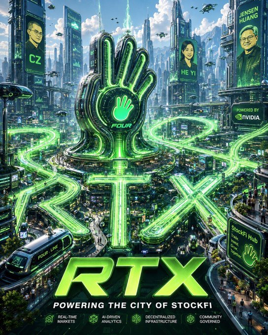 An AI-generated futuristic city poster featuring Jensen Huang ('CZ'), 'HE YI', and 'NVIDIA' branding, promoting 'RTX' as 'POWERING THE CITY OF STOCKFI'.