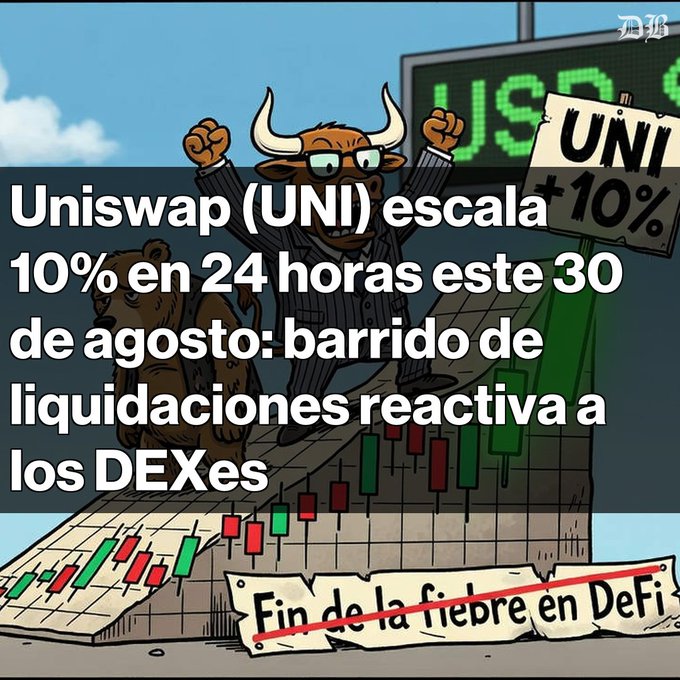 A financial news graphic showing a bull cartoon and stock chart with text reading 'Uniswap (UNI) escala 10%' and 'Uni +10%' with 'Fin de la fiebre en DeFi' crossed out.