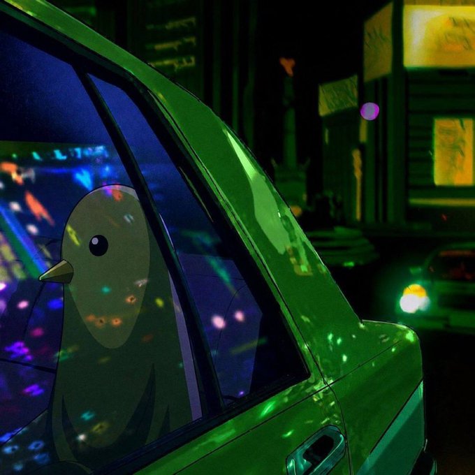 A stylized green bird gazes out from the window of a green car against a neon-lit nighttime cityscape, with colorful lights reflecting off the glass. The image evokes a contemplative, dreamy mood that complements the post's cryptic message about $THROBBIN, suggesting forward movement through vibrant, uncertain terrain.