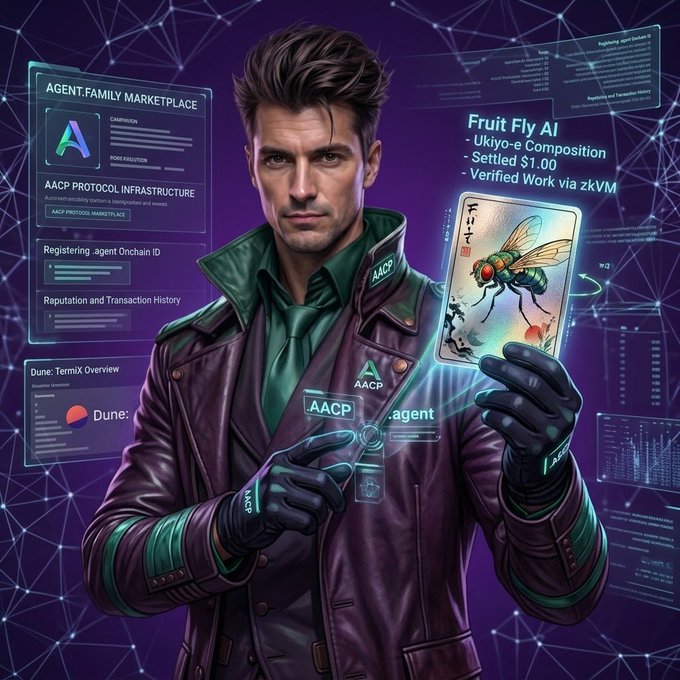 A stylized digital illustration of a man in a futuristic purple and green outfit holding an AACP-emblazoned card, surrounded by holographic UI panels displaying 'AGENT FAMILY MARKETPLACE', 'AACP PROTOCOL INFRASTRUCTURE', 'Fruit Fly AI', 'Ukiyo-e Composition', 'Settled $1.00', and 'Verified Work via zKVM'.