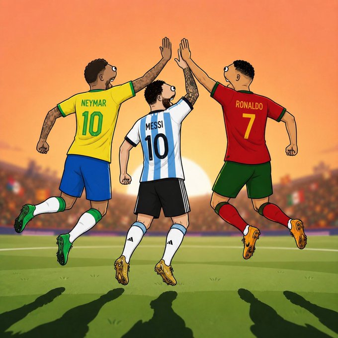 The image features three soccer players, each wearing a different colored jersey with their names displayed on them. They are all jumping up into the air, giving high fives to one another. The background of the image shows a soccer field, indicating that they might be celebrating a victory or a significant moment in their game.
