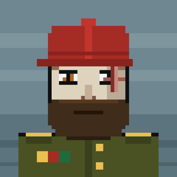 Pixel art portrait of a bearded man with brown eyes wearing a red hat, set against a striped teal background.