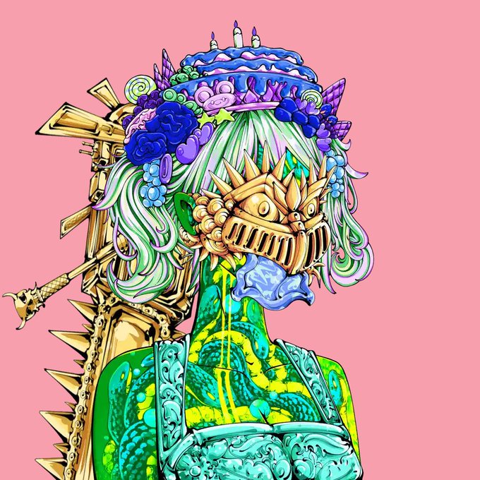 A vibrant illustration of an ornate, fantastical figure adorned with a crown of sweets, flowers, and ice cream, wearing a golden spiked mask and armor, containing a glowing green liquid with a snake inside.