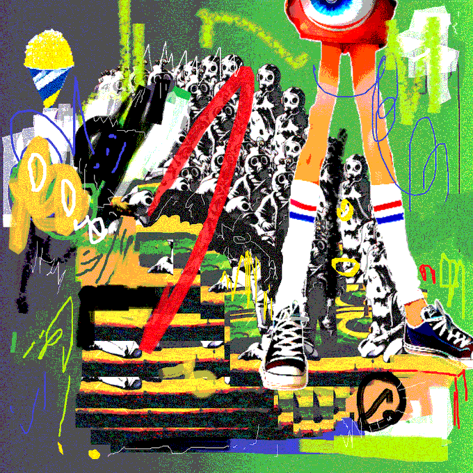 A vibrant street-art style digital illustration features legs in knee-high socks, sneakers, a crowd of panda-like figures, and chaotic graffiti elements on a green background.