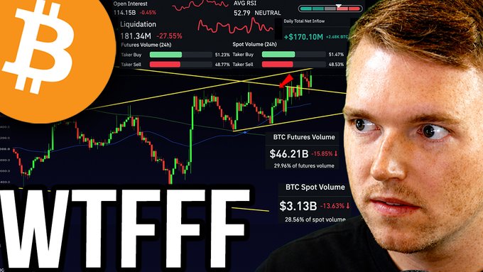 The image is a YouTube thumbnail featuring Bitcoin market data—showing Open Interest of $114.15B, Liquidation of $1.34B (-27.55%), and spot/futures volume figures—alongside a man with a surprised expression and large "WTFFF" text, visually emphasizing the dramatic stop-loss hunt and liquidity grab highlighted in the linked video.