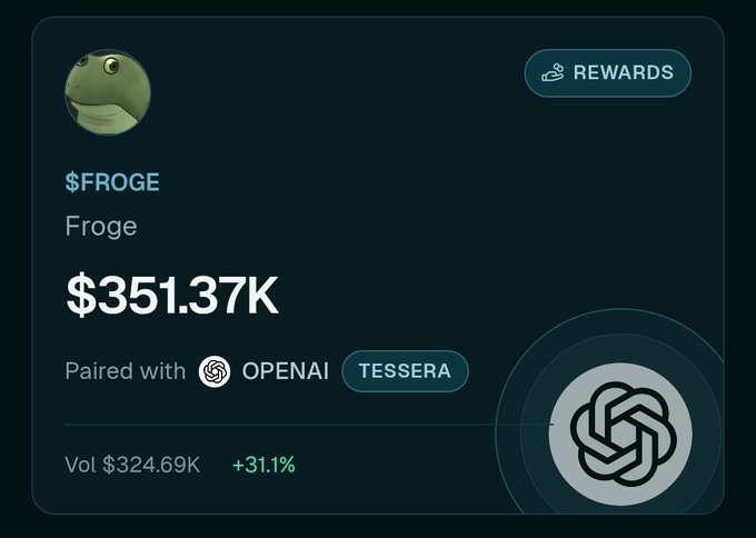 The image shows a crypto dashboard card for $FROGE token, displaying a market cap of $351.37K and trading volume of $324.69K (+31.1%), paired with OpenAI and tagged as "REWARDS" with a "TESSERA" badge. This aligns with the post's claim that $FROGE is currently valued at $350K, positioning it as an early entry point before a potential surge to $10M+.