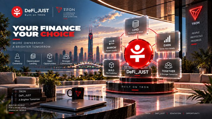 A promotional graphic for 'DeFi_JUST' built on TRON, displaying the text 'YOUR FINANCE YOUR CHOICE' and 'MORE OWNERSHIP & A BRIGHTER TOMORROW' alongside icons for LEND, EARN, BORROW, BUILD, and TOGETHER.
