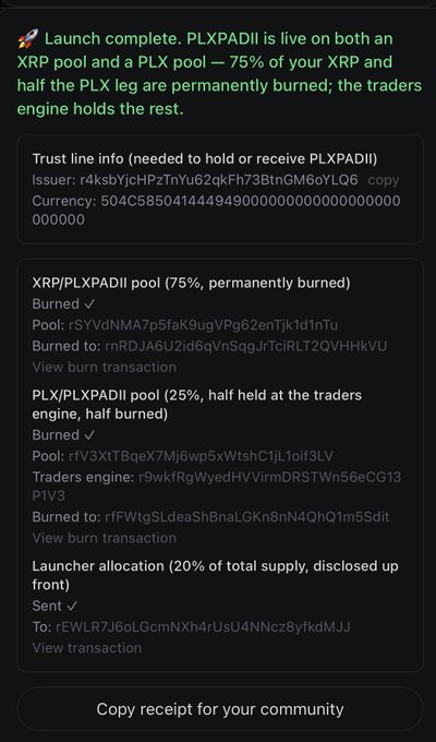 A screenshot of a digital receipt details a cryptocurrency token launch for 'PLXPADII', showing trust line info, pool addresses, and transaction details for 'XRP/PLXPADII' and 'PLX/PLXPADII'.