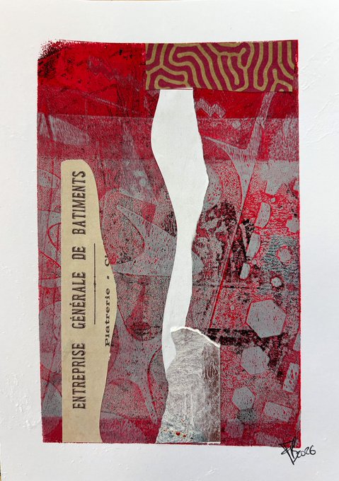 The image features a mixed media art piece that includes elements of paper, fabric, and paint. The artwork has an abstract design with red, white, and gray colors, creating a visually striking composition. The artist's signature can be seen at the bottom right corner of the image. The text "Good morning art lovers Week 22 OE - 2 tez Gel print with acrylics and collage on A5 din A" suggests that this artwork is part of an ongoing series or collection dedicated to the appreciation of art, specifically focusing on the theme of mornings.