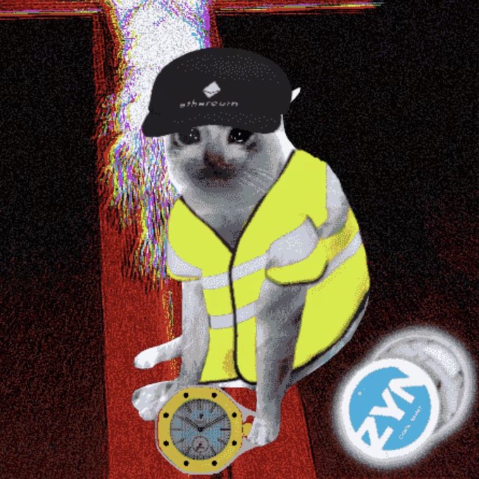A stylized cat wearing an "ethereum" cap and a bright yellow safety vest sits with a yellow watch, alongside the text "cash cats" logo, promoting the $CASHCAT token as a good time to mint the NFTs before the price sends.