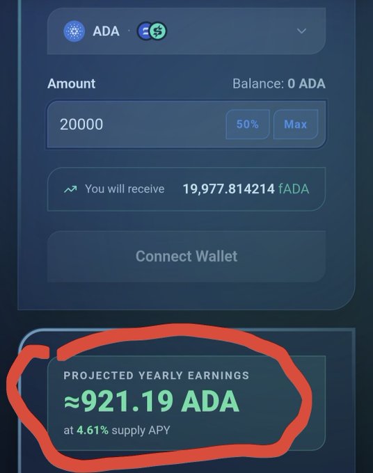 The image shows a cryptocurrency interface for supplying ADA, displaying a projected yearly earnings of approximately 921.19 ADA at a 4.61% supply APY on a 20,000 ADA deposit, which would yield 19,977.814214 fADA. This relates to the post about V2 $SURF by demonstrating the platform's earnings projection feature, showing users how much they could earn by simply supplying assets.
