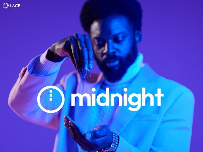 A stylized advertisement featuring a man in a suit against a purple and blue background, with sand pouring through his hands and the logo 'midnight' prominently displayed.