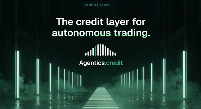 A promotional graphic for 'Agentics.credit' described as 'The credit layer for autonomous trading,' featuring a green-lit futuristic corridor with an audio waveform logo.