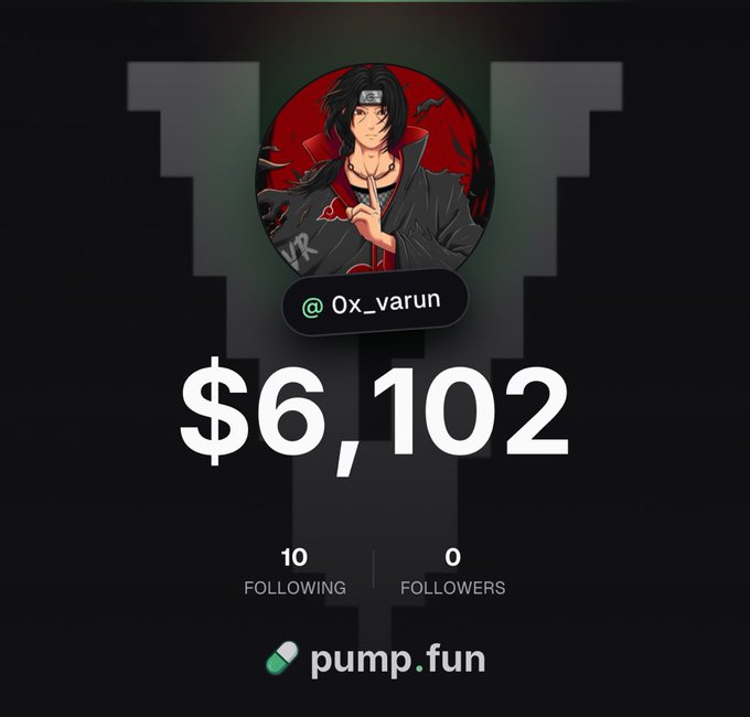A Pump.fun profile card for user @0x_varun displays an anime-style avatar and shows a trading balance of $6,102 with 10 following and 0 followers, illustrating the platform's live tracking feature mentioned in the post.