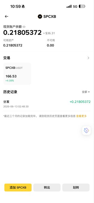 The image shows a phone screen displaying an app called "SPCX" with a message box that reads, "SPCX IPO猪脚饭到了 IPO 没参加上，但猪脚饭吃上了 币安宇宙第一大所的专业，速度和效率". The phone screen is located in the upper right corner of the image.