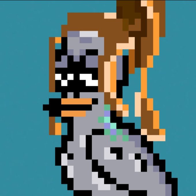 A pixel art sprite of a character wearing a grey hood, gas mask, and dark armor against a teal background.