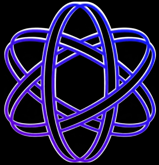 A blue neon-style glowing geometric atomic/atomic orbital design on a black background.