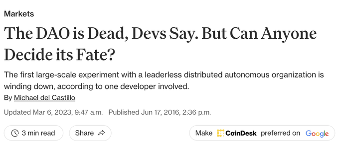 The image shows an article about a vulnerability that was exploited by an attacker, which drained 3.6M ETH from The DAO cryptocurrency. The vulnerability had been identified weeks earlier but no fixes were available yet. The article also mentions that the vulnerability has been flagged and is awaiting community approval when it is fixed.