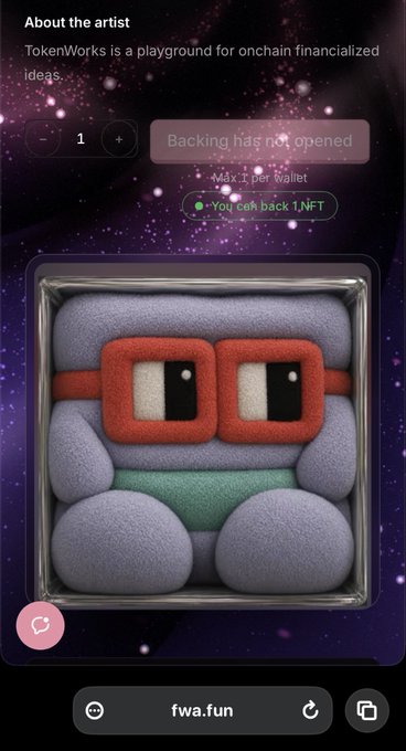 A screenshot from twa.fun showing a 3D NFT artwork of a blocky purple character with red glasses, with text stating 'TokenWorks is a playground for onchain financialized ideas' and 'Backing has not opened.'