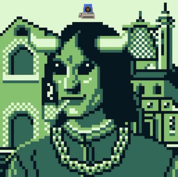 A pixel art style image showing a dark-haired woman wearing a beaded necklace with architectural structures in the background, in green tones.