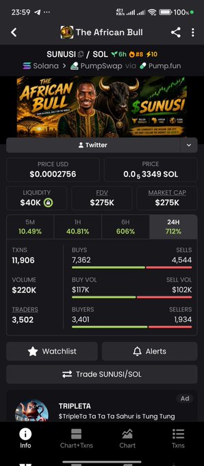 A screenshot of the SUNUSI/SOL token on a crypto tracking app shows the African Bull meme coin priced at $0.0002756 with a $275K market cap and a 712% surge in 24 hours, supporting the post's bullish tone urging traders not to miss out on $SUNUSI.