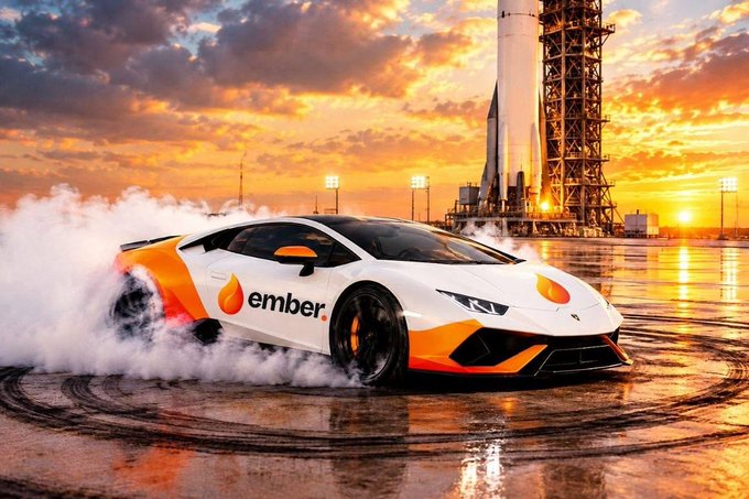A white and orange Lamborghini emblazoned with the "ember." logo drifts on a wet tarmac, kicking up smoke against a dramatic sunset with a rocket launch tower in the background, visually echoing the $EMBER ticker's "0-60 in one build" tagline by combining high-performance automotive imagery with a space-age backdrop.
