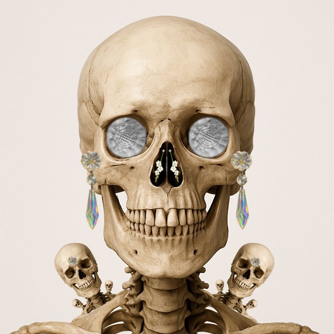 A digitally rendered human skull with decorative earrings and floral elements in the eye sockets stands against a white background, with smaller skulls visible on its shoulders.