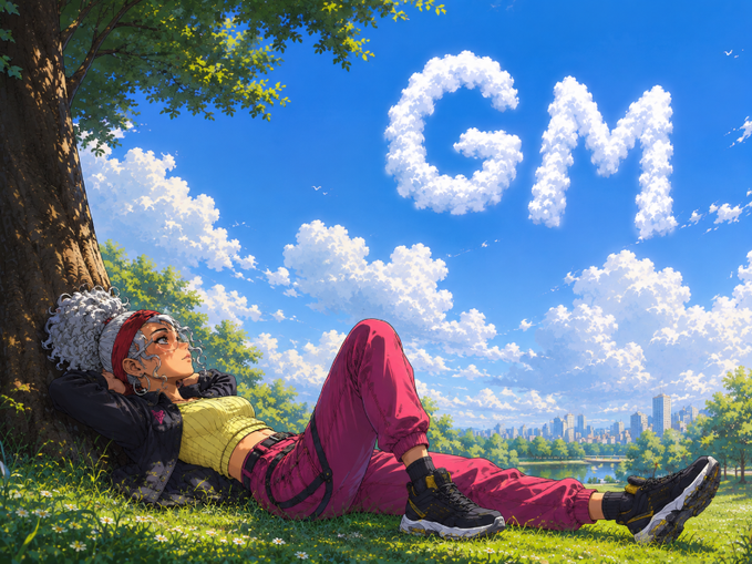 An anime-style illustration of a person with gray hair relaxing under a tree while clouds in the sky form the letters 'GM'.