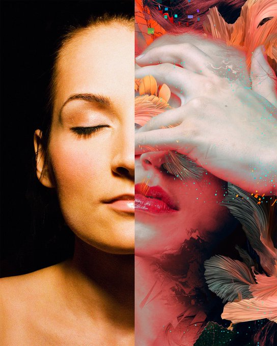 A split artistic portrait showing a woman's face on the left in warm tones and a hand covering her face on the right in cool, abstract brushstroke style.