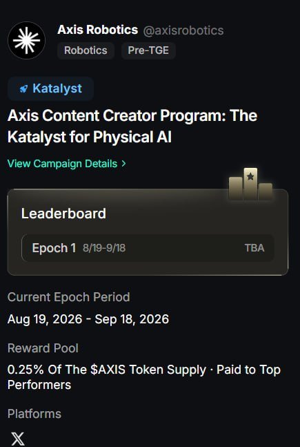 Axis Robotics @axisrobotics Twitter/X post promoting the 'Axis Content Creator Program: The Katalyst for Physical AI' with a leaderboard for Epoch 1 (8/19-9/18) and a reward pool of 0.25% of $AXIS token supply.