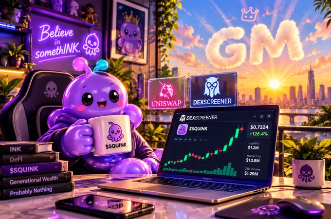 A vibrant purple cartoon squid mascot holds a "$SQUINK" branded mug in a neon-lit workspace, while a laptop displaying DexScreener shows $SQUINK at $0.7324 (+126.4%) with $1.29M volume—visually capturing the celebratory "Distribution Day" milestone of the token's meteoric rise, framed by "GM" cloud art and "Believe in $omethINk" neon signage.