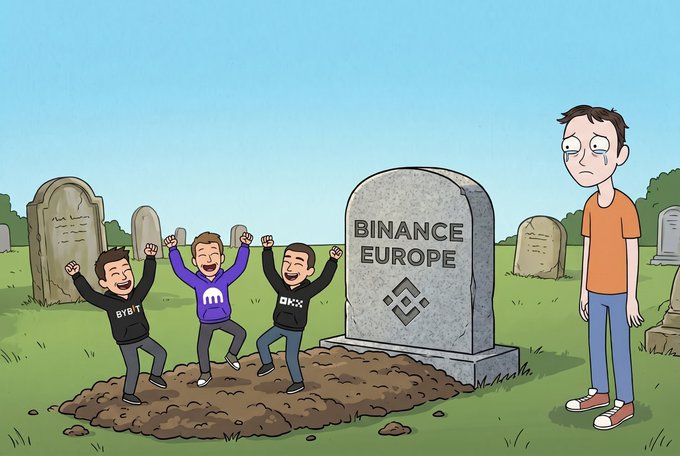 A cartoon graveyard scene shows three jubilant figures wearing "BYBIT," "Kraken," and "OKX" shirts dancing on a fresh grave marked "BINANCE EUROPE," while a tearful Binance employee stands nearby mourning. The image satirizes how MiCA-compliant exchanges are celebrating Binance Europe's exit from the EU crypto market following its failure to secure a MiCA license.