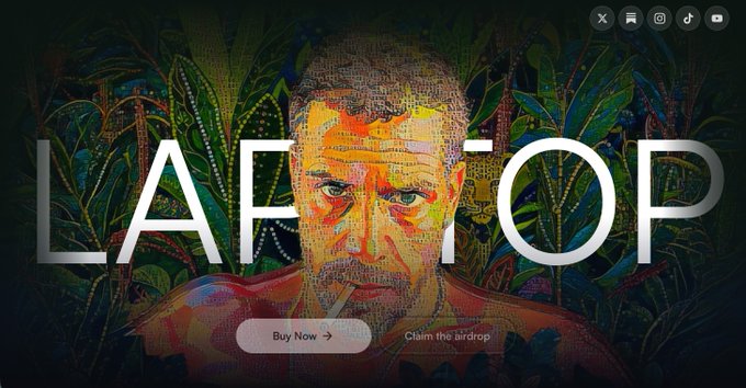 A vibrant website banner for "LAPTOP" features a mosaic-style portrait of a smoking man against lush tropical foliage, with "Buy Now" and "Claim the airdrop" buttons promoting the memecoin launch described in the post.