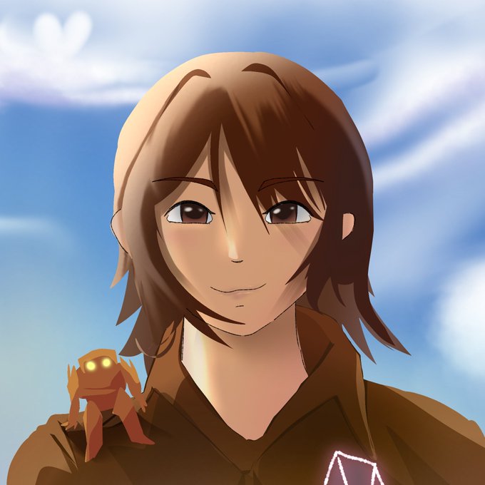 An anime-style illustration of a young person with shoulder-length brown hair smiling, with a small glowing-eyed creature on their shoulder against a blue sky background.