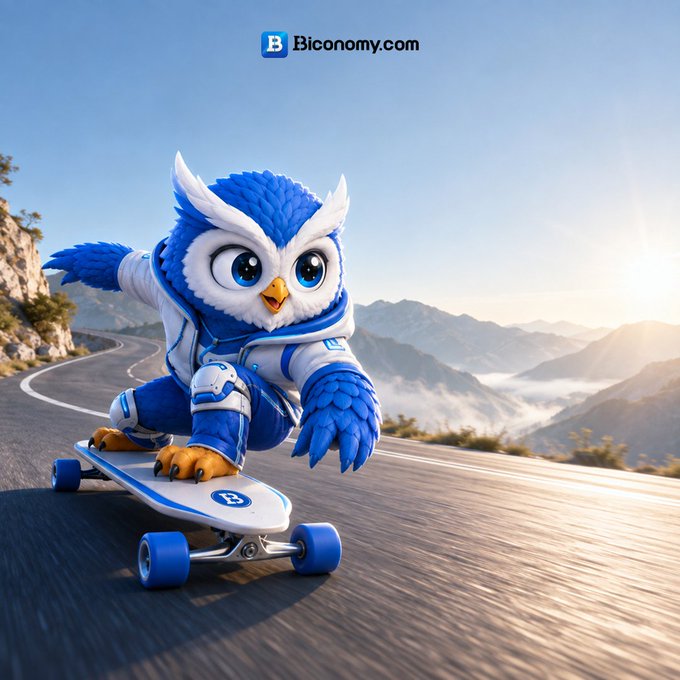 A 3D-rendered blue and white owl character wearing a futuristic hoodie and protective gear while skateboarding down a mountain road, with 'Biconomy.com' branding at the top.