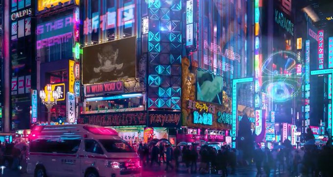 A vibrant, neon-lit cityscape at night resembling a cyberpunk or Asian metropolis, filled with glowing signs, billboards, and pedestrians, with a white van and dark vehicle parked in the foreground.