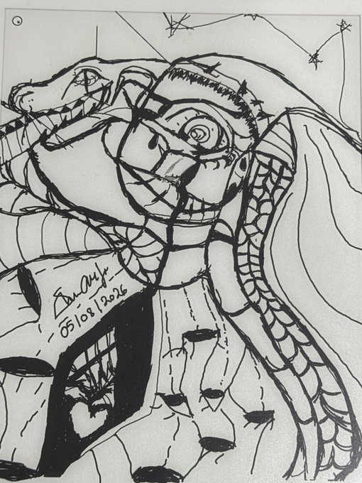 A bold black ink drawing of a hooded, scale-armored figure with a prominent wide eye, signed "Bricklife 05/08/2026," evokes the sense of "witnessing" through the character's intense, all-seeing gaze fixed on the viewer.