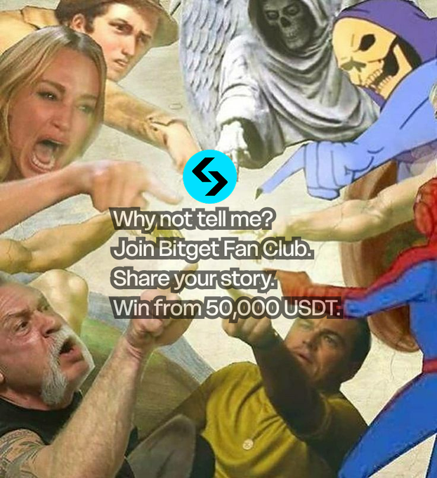 A Bitget promotional graphic reading 'Why not tell me? Join Bitget Fan Club. Share your story. Win from 50,000 USDT' overlaid on a classical painting with cartoon skeleton figures.