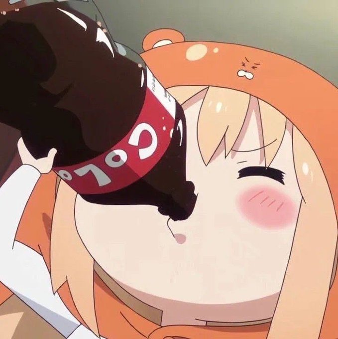 Umaru-chan chugging a large Coca-Cola bottle with a blissful, flushed expression, matching the post's message about numbing mistakes with comfort and moving on as if they never happened.